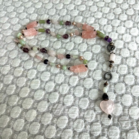 Beaded chain belt with pink quartz’s stones and purple & green beads - Picture 1 of 7